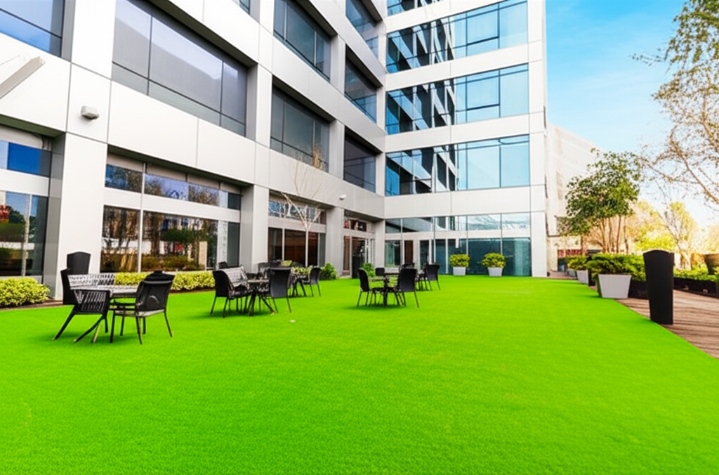 A corporate courtyard with artificial turf for employees to relax.