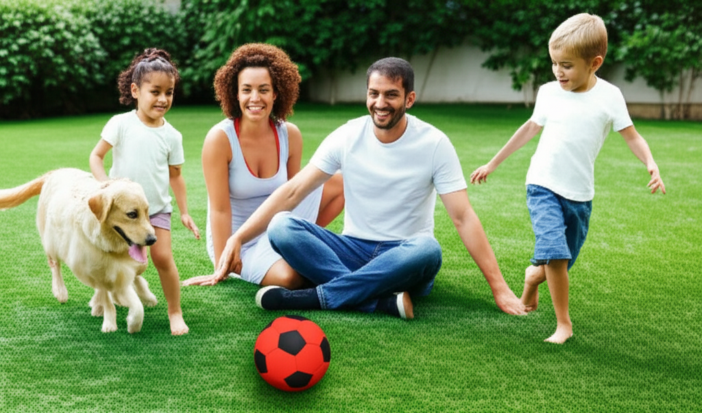 A family playing on their durable and soft artificial grass backyard.