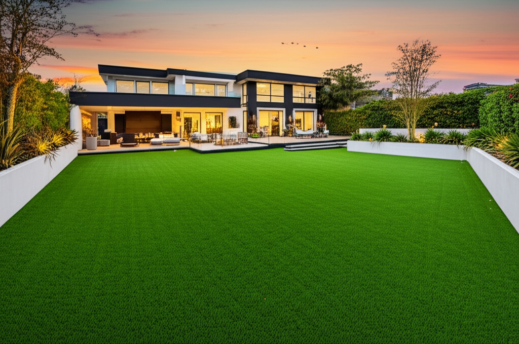 Stunning modern backyard with a pristine artificial turf lawn at sunset