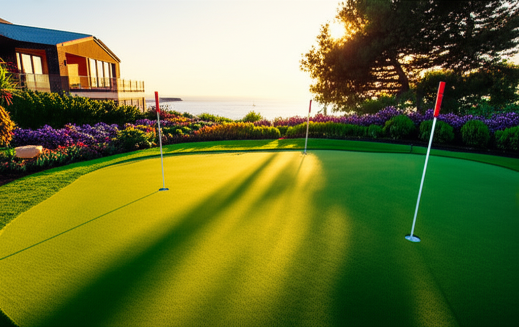 A close-up of a golf ball rolling smoothly towards the cup on an artificial turf putting green.